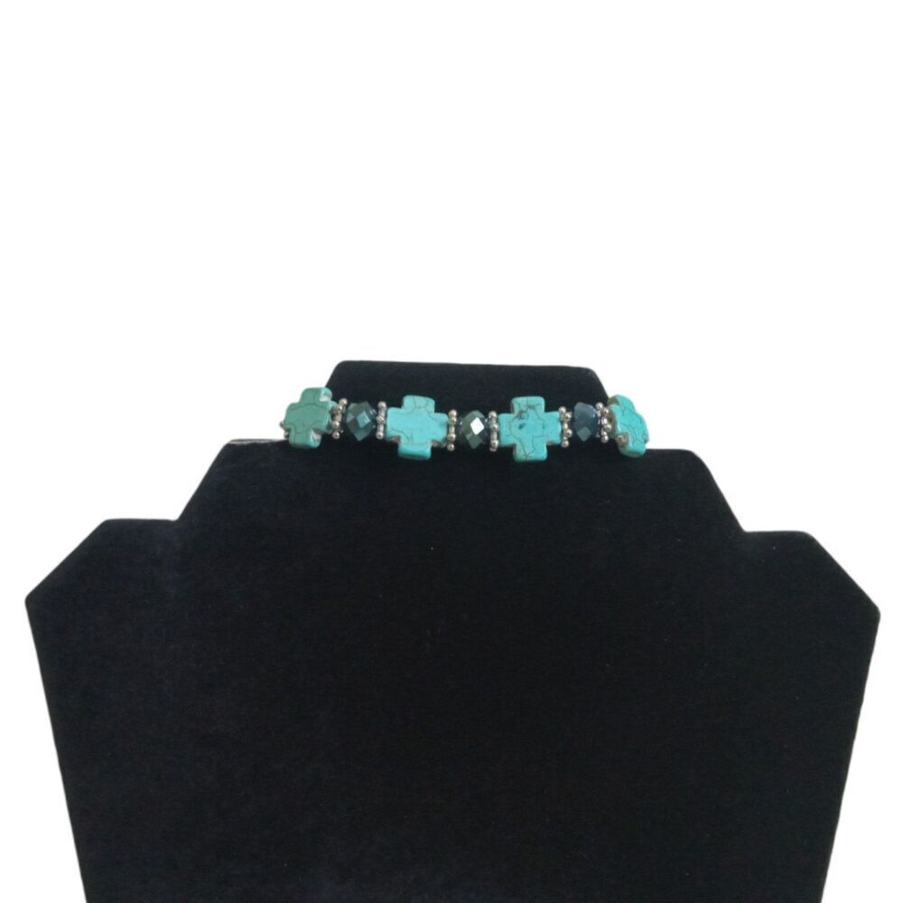 Turquoise Blue Colored Cross and Faceted Beads Elastic Stretch Fashion Bracelet